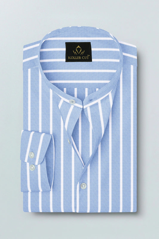 Brunnera Blue and Flash White Chalk Stripes Oxford Mandarin Collar Cotton Shirt
