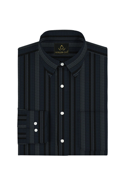 Jet Black With Cobalt Blue and White Broken Thread Stripes Cotton Shirt