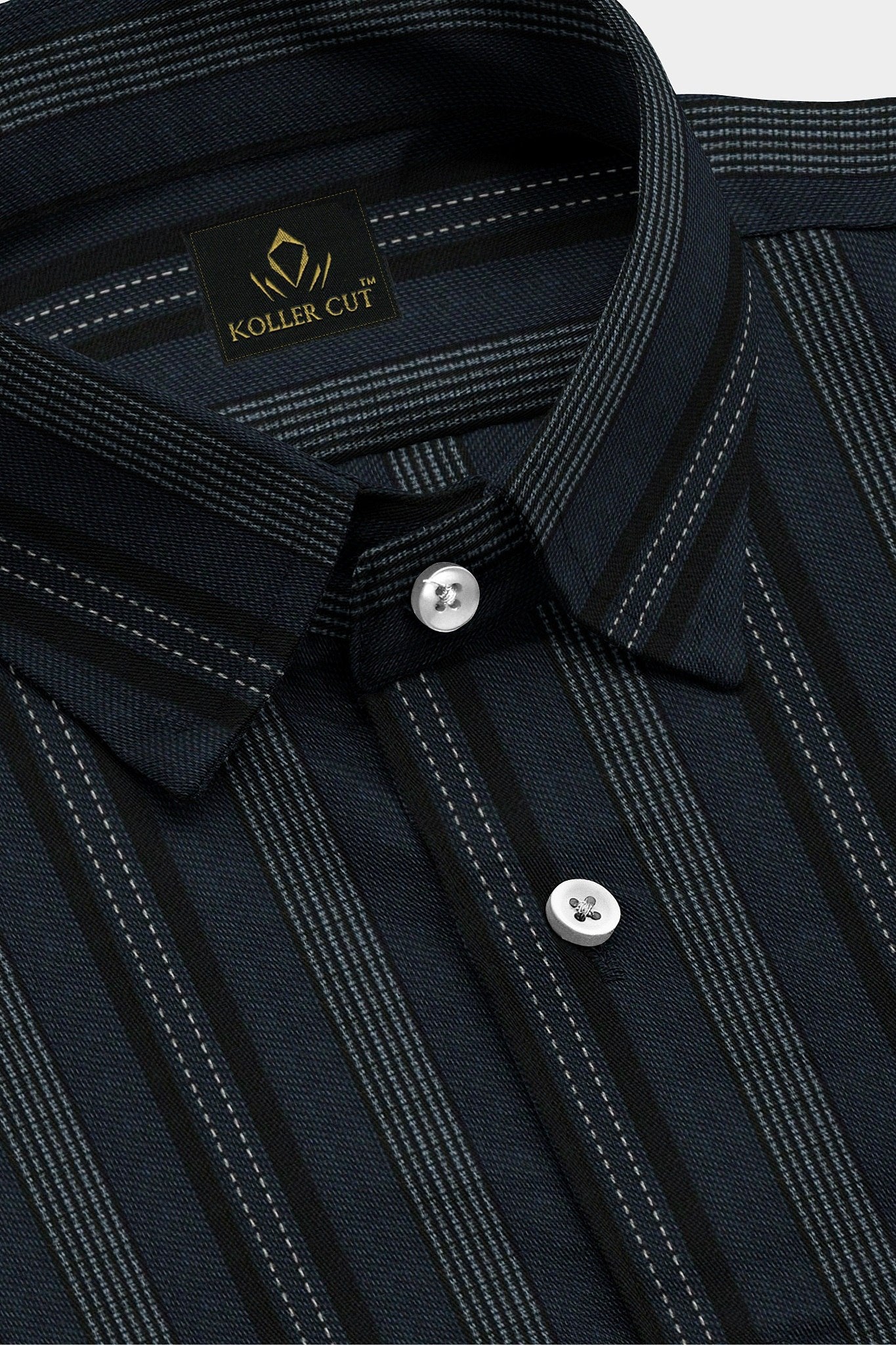 Jet Black With Cobalt Blue and White Broken Thread Stripes Cotton Shirt