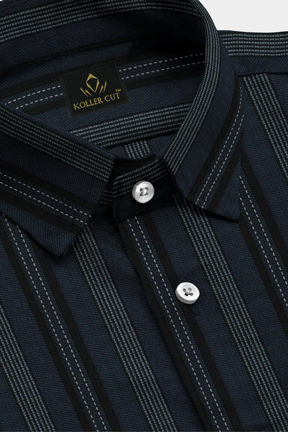 Jet Black With Cobalt Blue and White Broken Thread Stripes Cotton Shirt