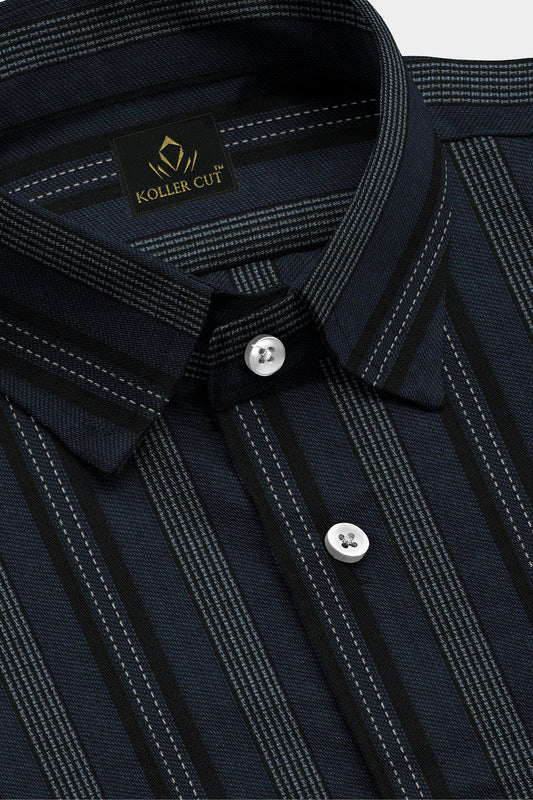 Jet Black With Cobalt Blue and White Broken Thread Stripes Cotton Shirt