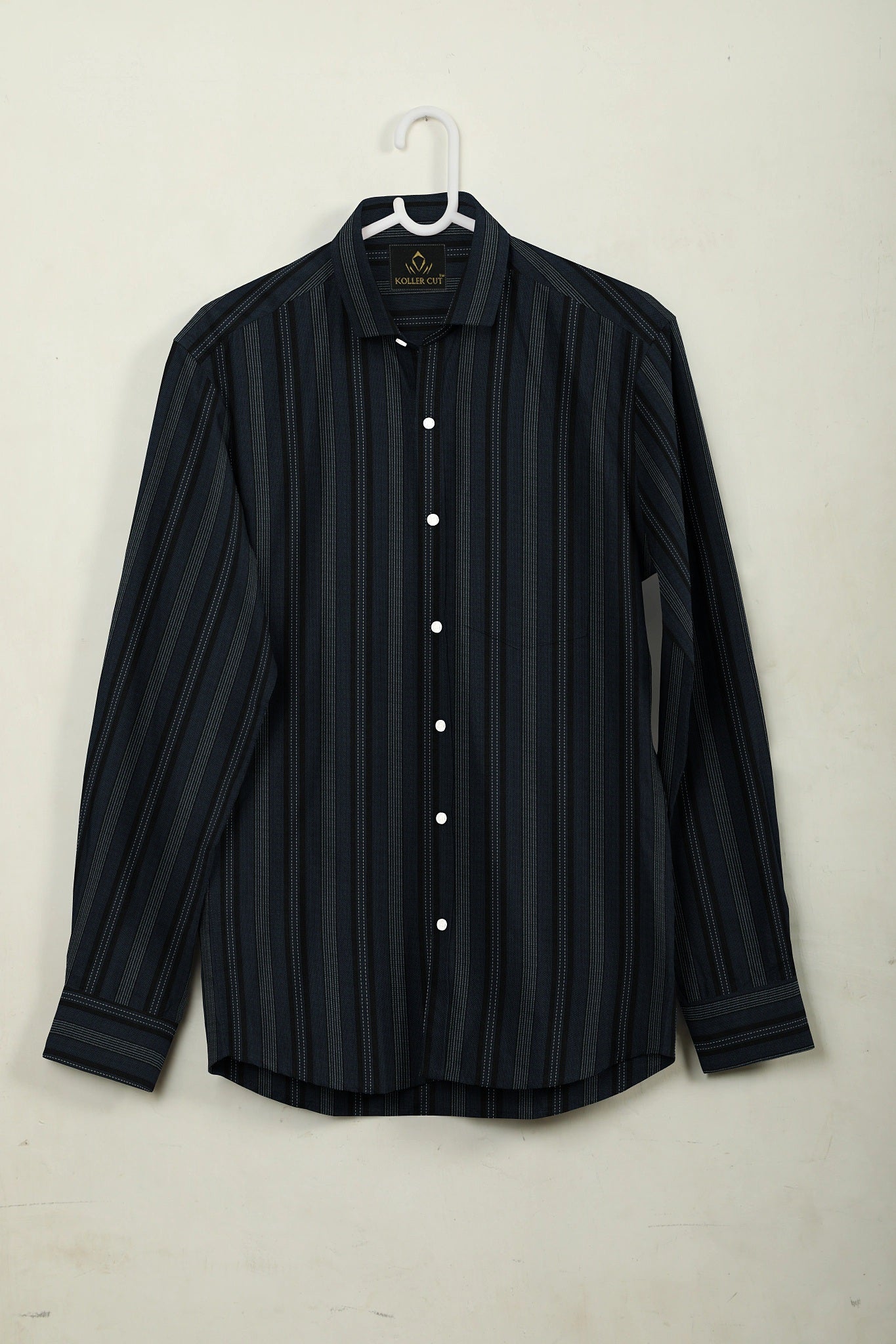 Jet Black With Cobalt Blue and White Broken Thread Stripes Cotton Shirt