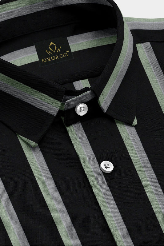 Black With Dove Grey and Mist Green Stripes Cotton Shirt