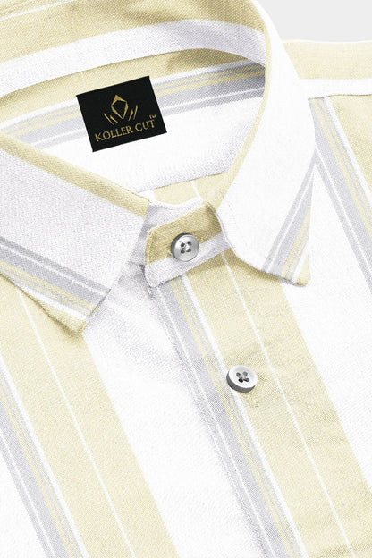 White with Lemonade Yellow and Glacier Grey Oxford Stripes Cotton Shirt