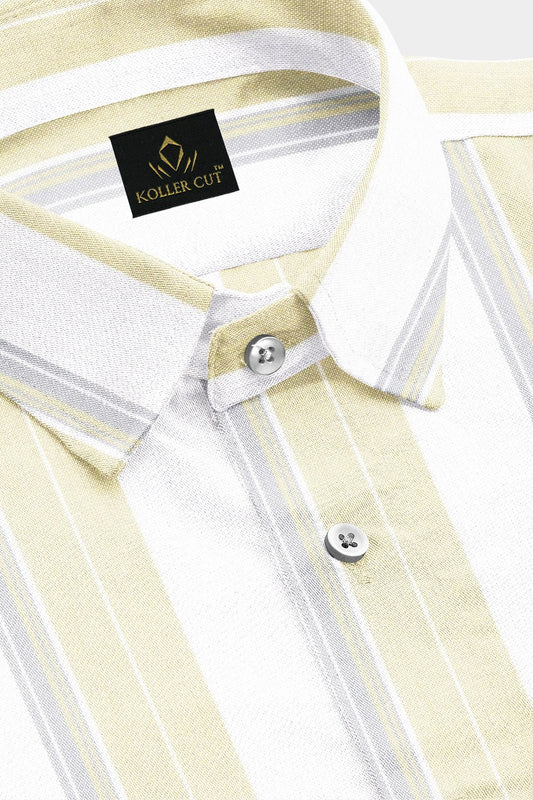 White with Lemonade Yellow and Glacier Grey Oxford Stripes Cotton Shirt