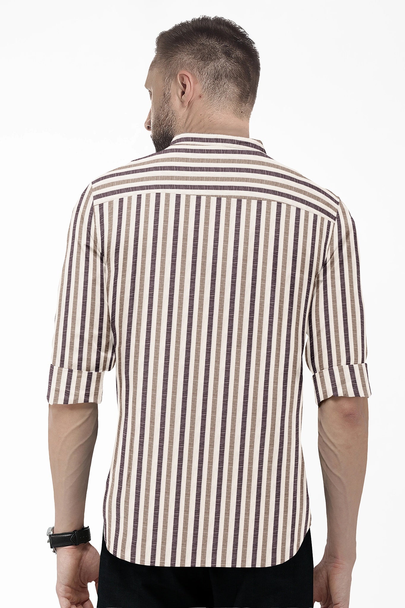 Beige with Wine and Antler Brown Multitrack Stripes Mandarin Collar Cotton Linen Shirt