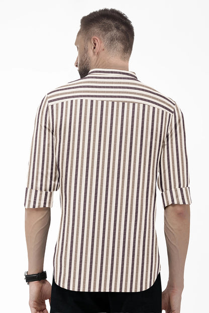 Beige with Wine and Antler Brown Multitrack Stripes Mandarin Collar Cotton Linen Shirt