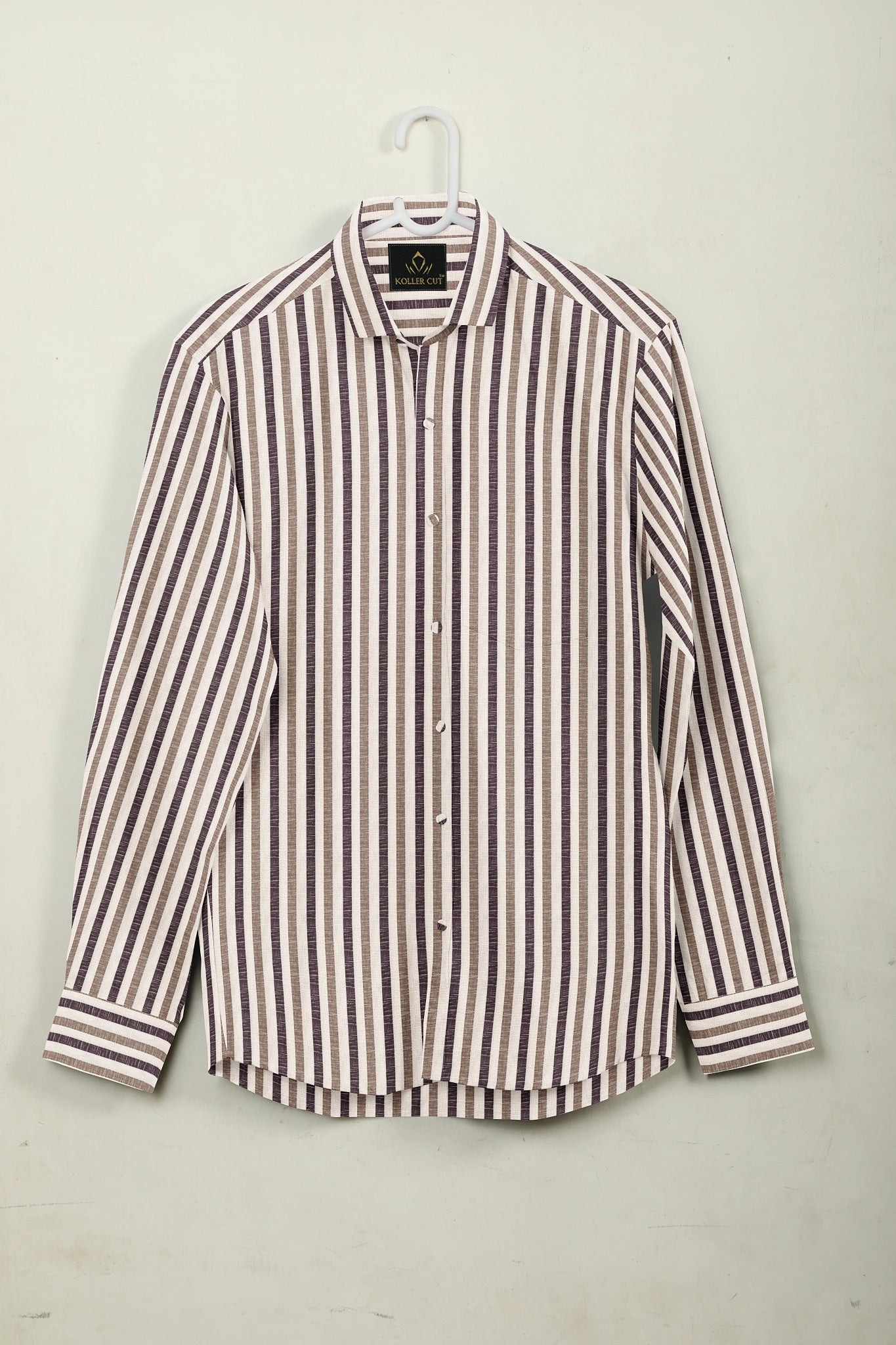 Beige with Wine and Antler Brown Multitrack Stripes Cotton Linen Shirt