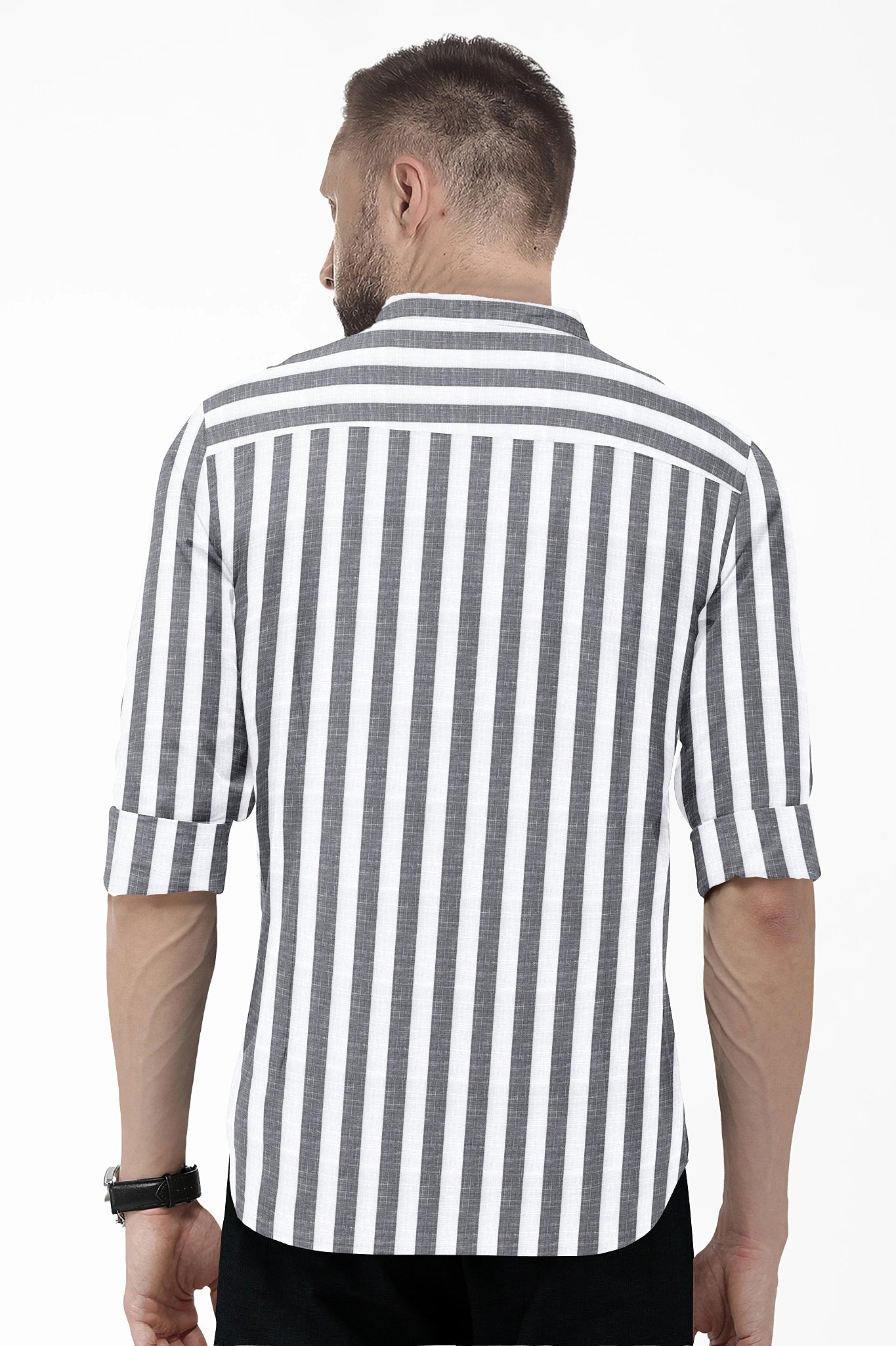Porpoise Grey and Bright White Awning Stripes Mandarin Collar Cotton Linen Shirt