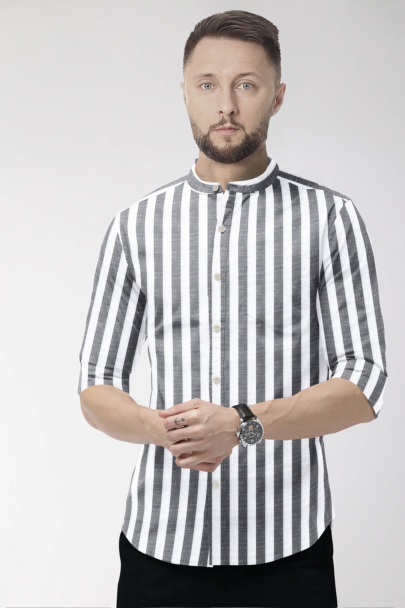 Porpoise Grey and Bright White Awning Stripes Mandarin Collar Cotton Linen Shirt
