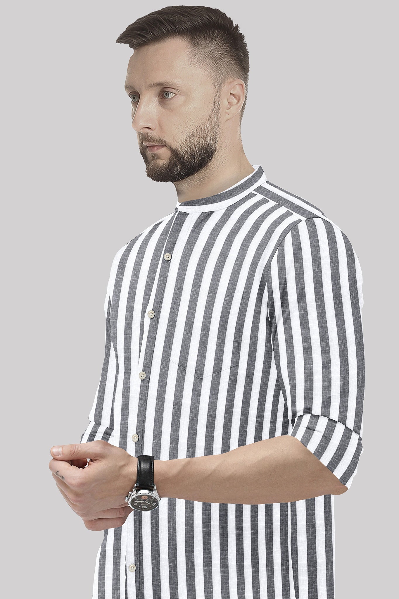 Porpoise Grey and Bright White Awning Stripes Mandarin Collar Cotton Linen Shirt