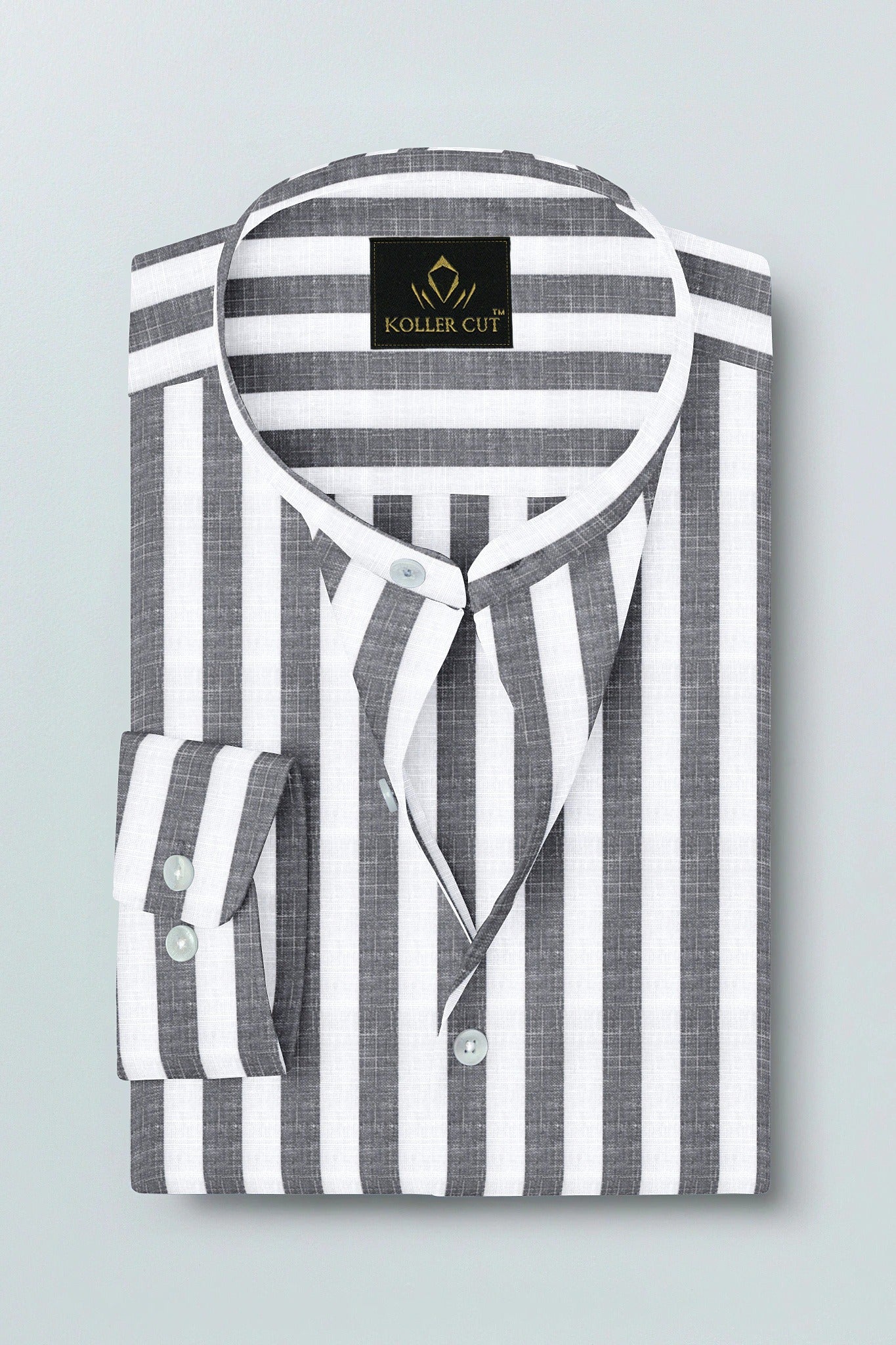 Porpoise Grey and Bright White Awning Stripes Mandarin Collar Cotton Linen Shirt