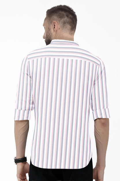 White with Coral Pink and Limoges Blue Pinstripes Mandarin Collar Cotton Shirt
