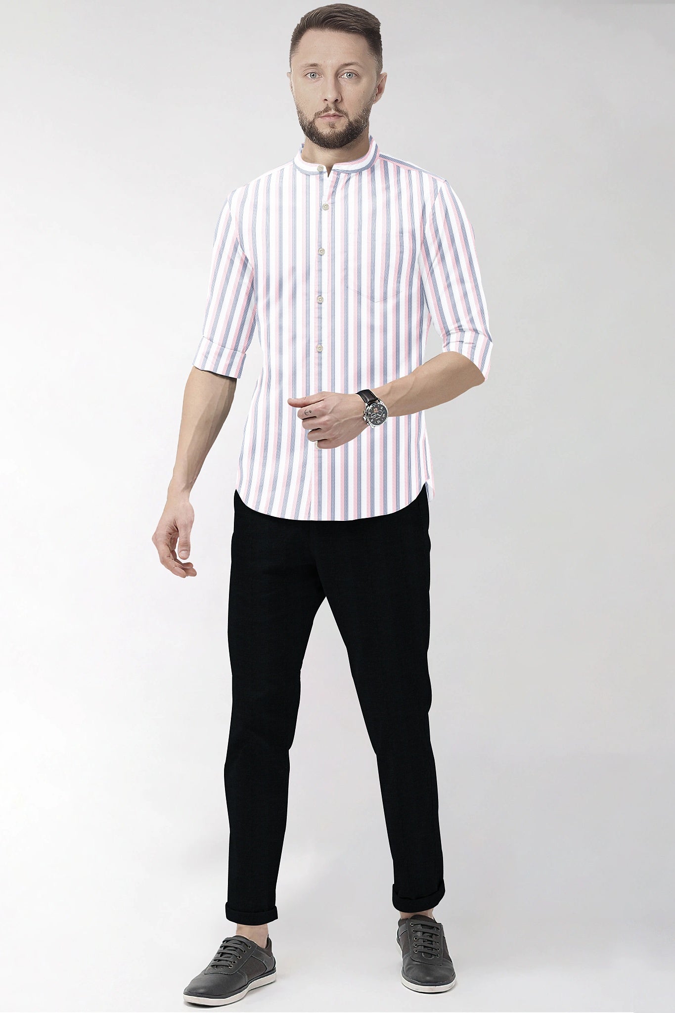 White with Coral Pink and Limoges Blue Pinstripes Mandarin Collar Cotton Shirt