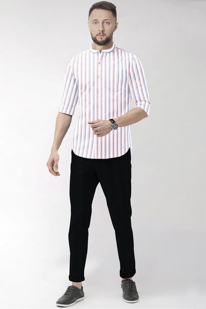 White with Coral Pink and Limoges Blue Pinstripes Mandarin Collar Cotton Shirt