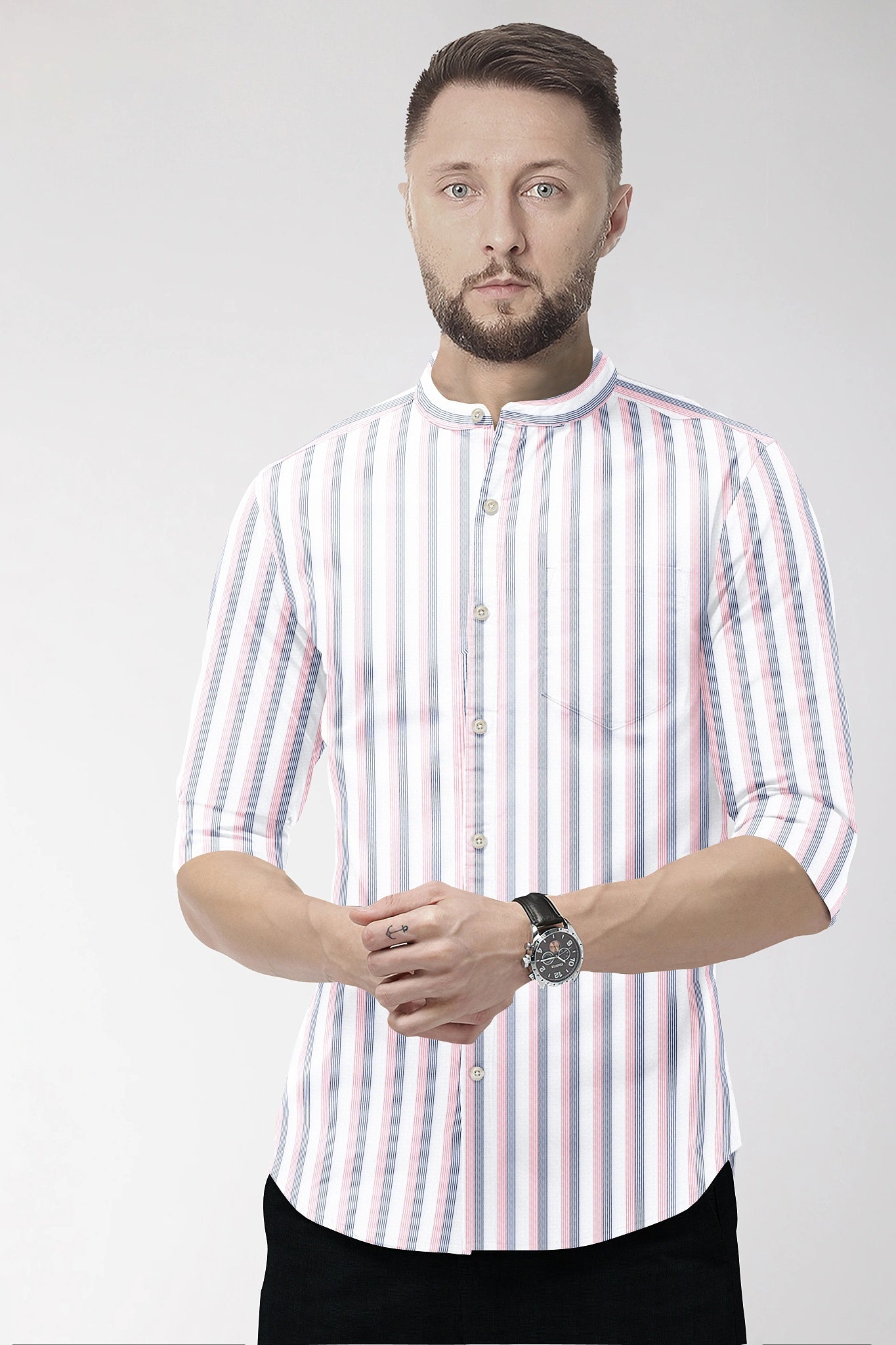 White with Coral Pink and Limoges Blue Pinstripes Mandarin Collar Cotton Shirt