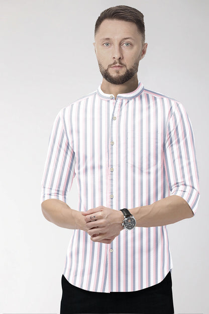 White with Coral Pink and Limoges Blue Pinstripes Mandarin Collar Cotton Shirt
