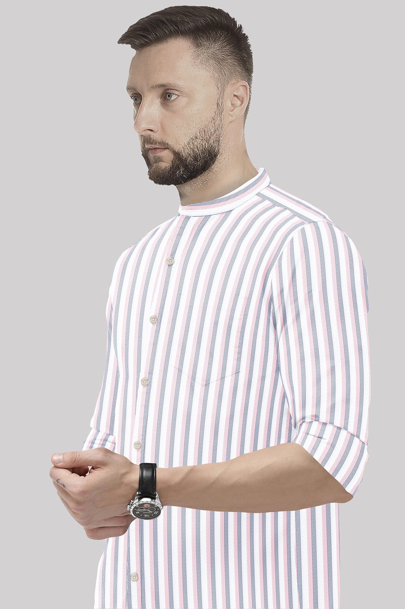 White with Coral Pink and Limoges Blue Pinstripes Mandarin Collar Cotton Shirt