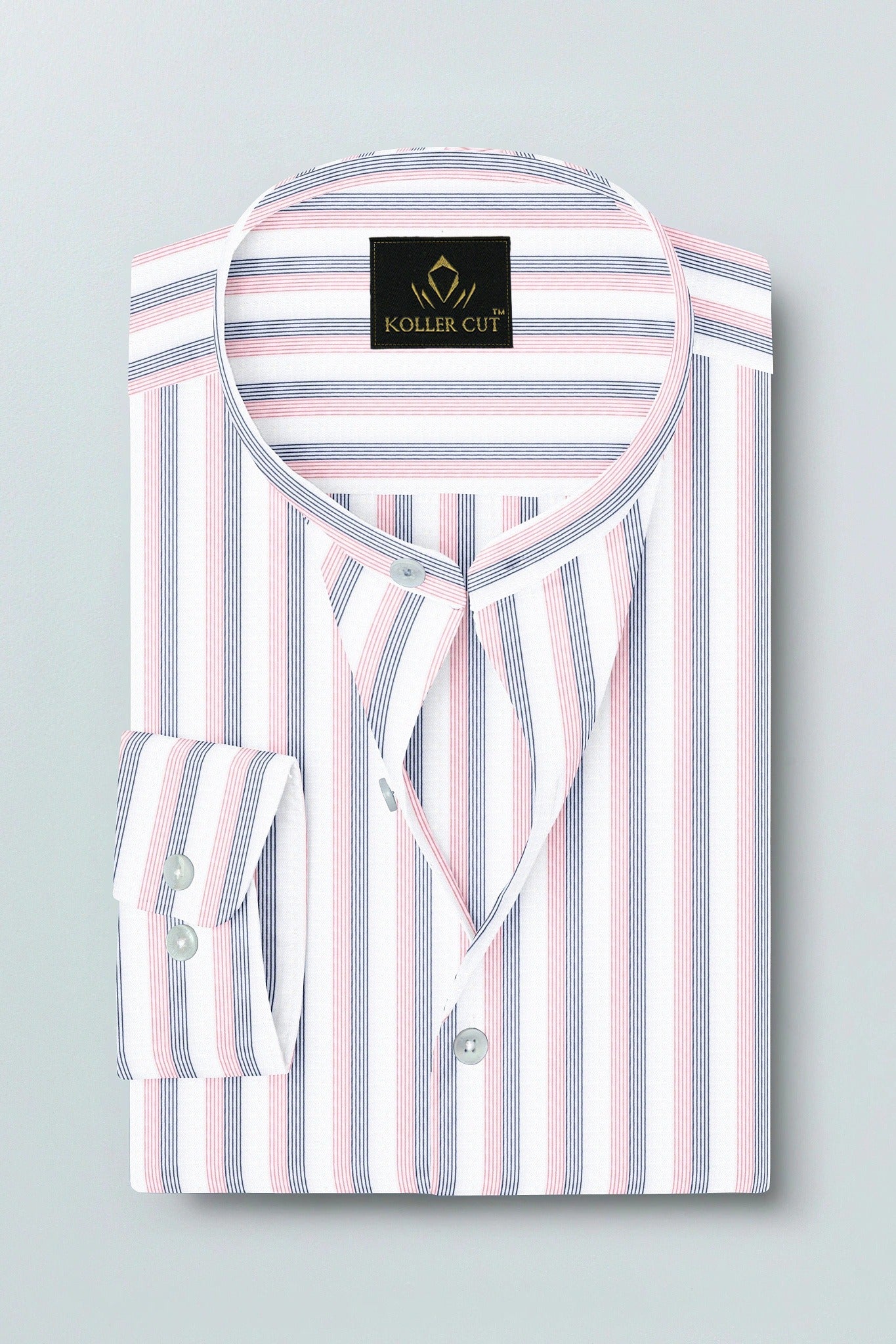 White with Coral Pink and Limoges Blue Pinstripes Mandarin Collar Cotton Shirt