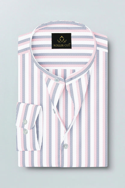 White with Coral Pink and Limoges Blue Pinstripes Mandarin Collar Cotton Shirt