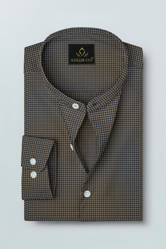 British Khaki and Midnight Blue Gingham Mandarin Collar Cotton Shirt