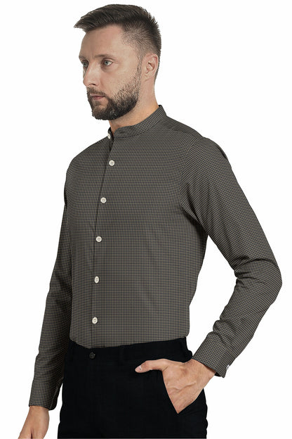 British Khaki and Midnight Blue Gingham Mandarin Collar Cotton Shirt