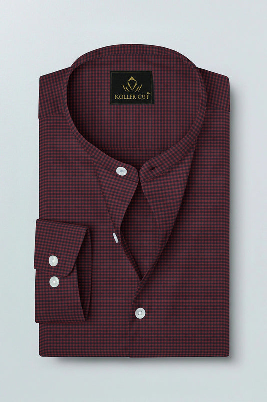 Pomegranate Red and Medieval Blue Gingham Checks Mandarin Collar Cotton Shirt
