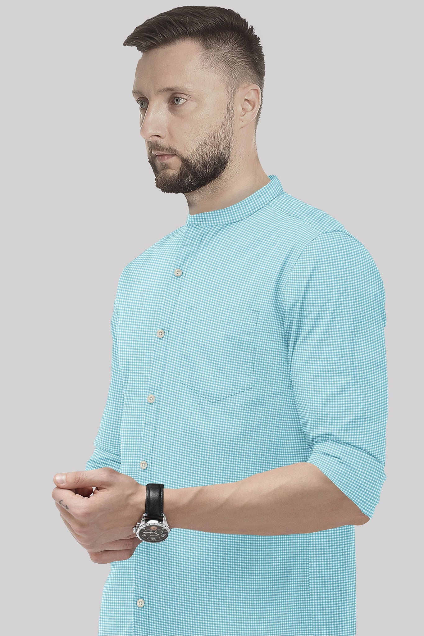 Aqua Blue and Porcelain White Gingham Checks Mandarin Collar Cotton Shirt