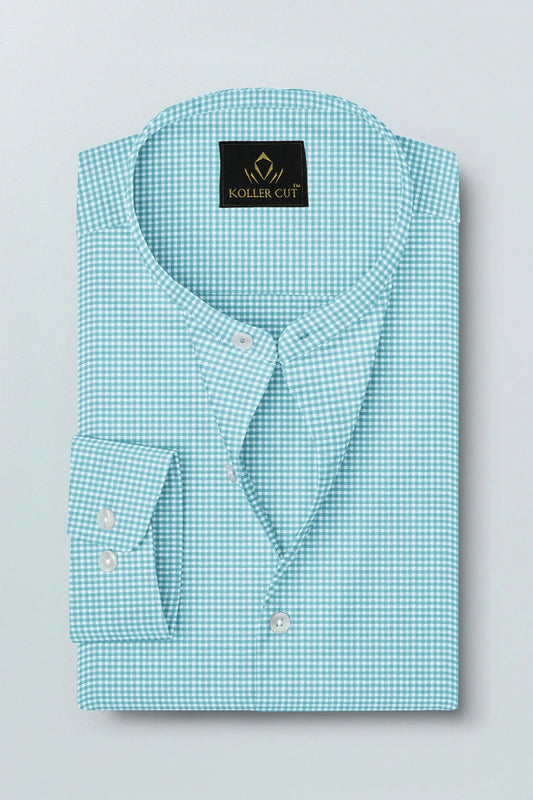 Aqua Blue and Porcelain White Gingham Checks Mandarin Collar Cotton Shirt