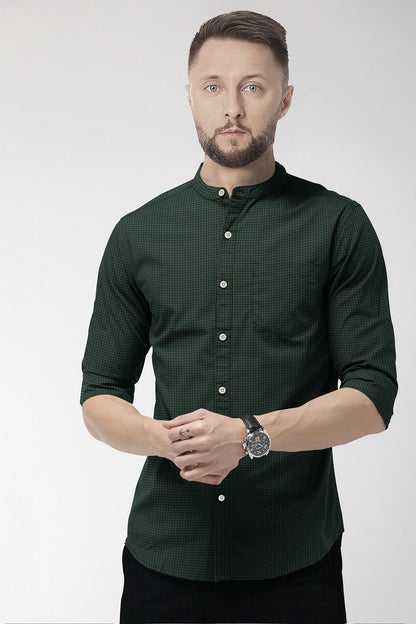 Pine Green and Medieval Blue Gingham Checks Mandarin Collar Cotton Shirt