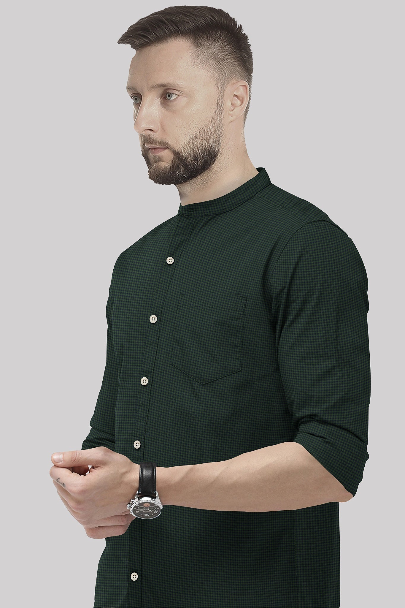 Pine Green and Medieval Blue Gingham Checks Mandarin Collar Cotton Shirt