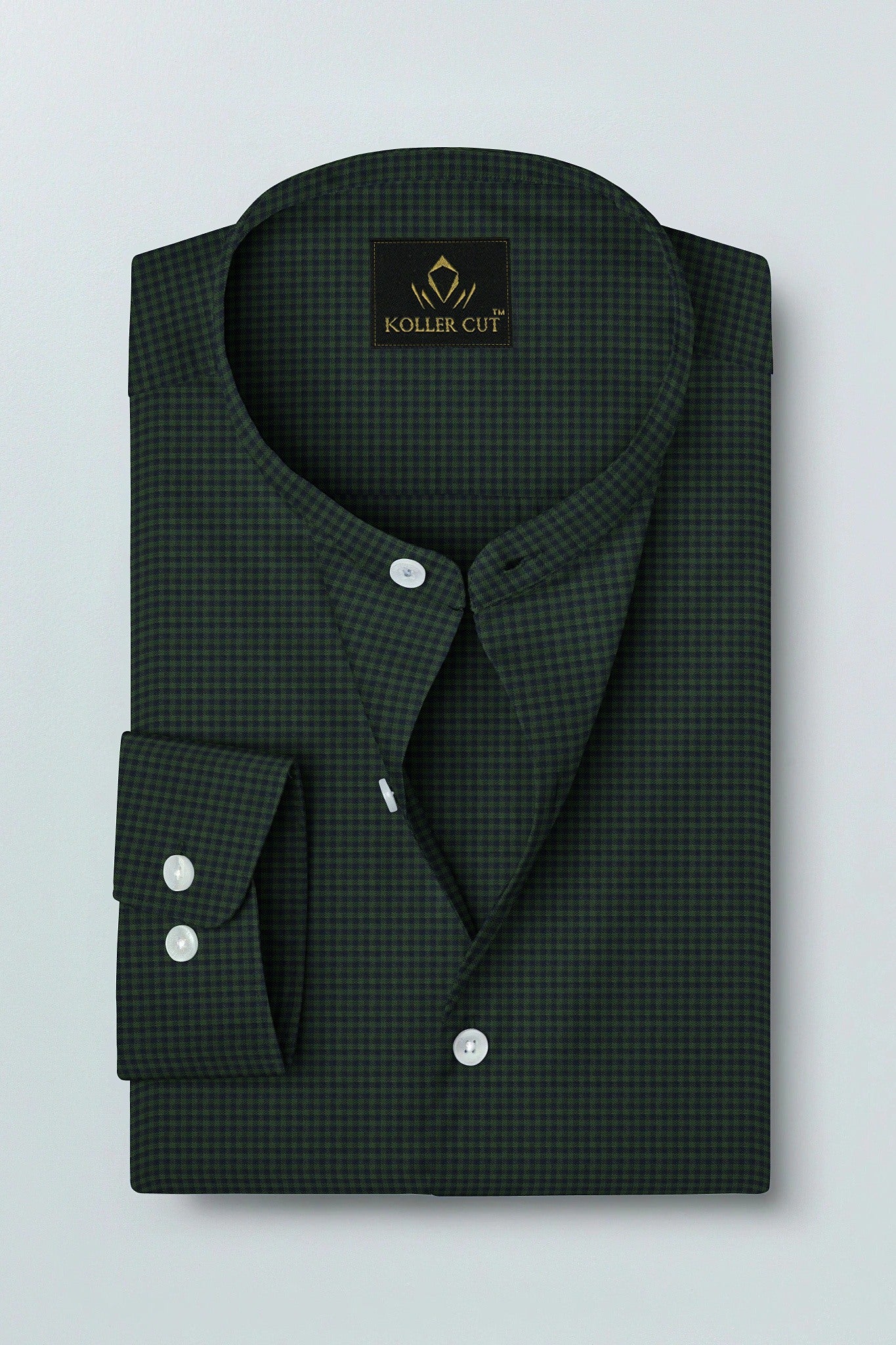Pine Green and Medieval Blue Gingham Checks Mandarin Collar Cotton Shirt