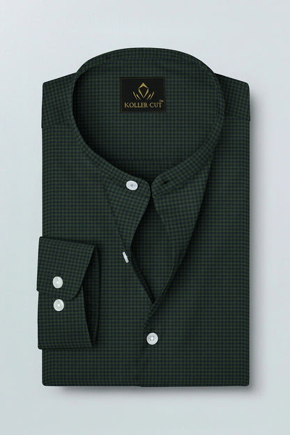 Pine Green and Medieval Blue Gingham Checks Mandarin Collar Cotton Shirt