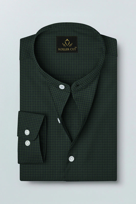 Pine Green and Medieval Blue Gingham Checks Mandarin Collar Cotton Shirt