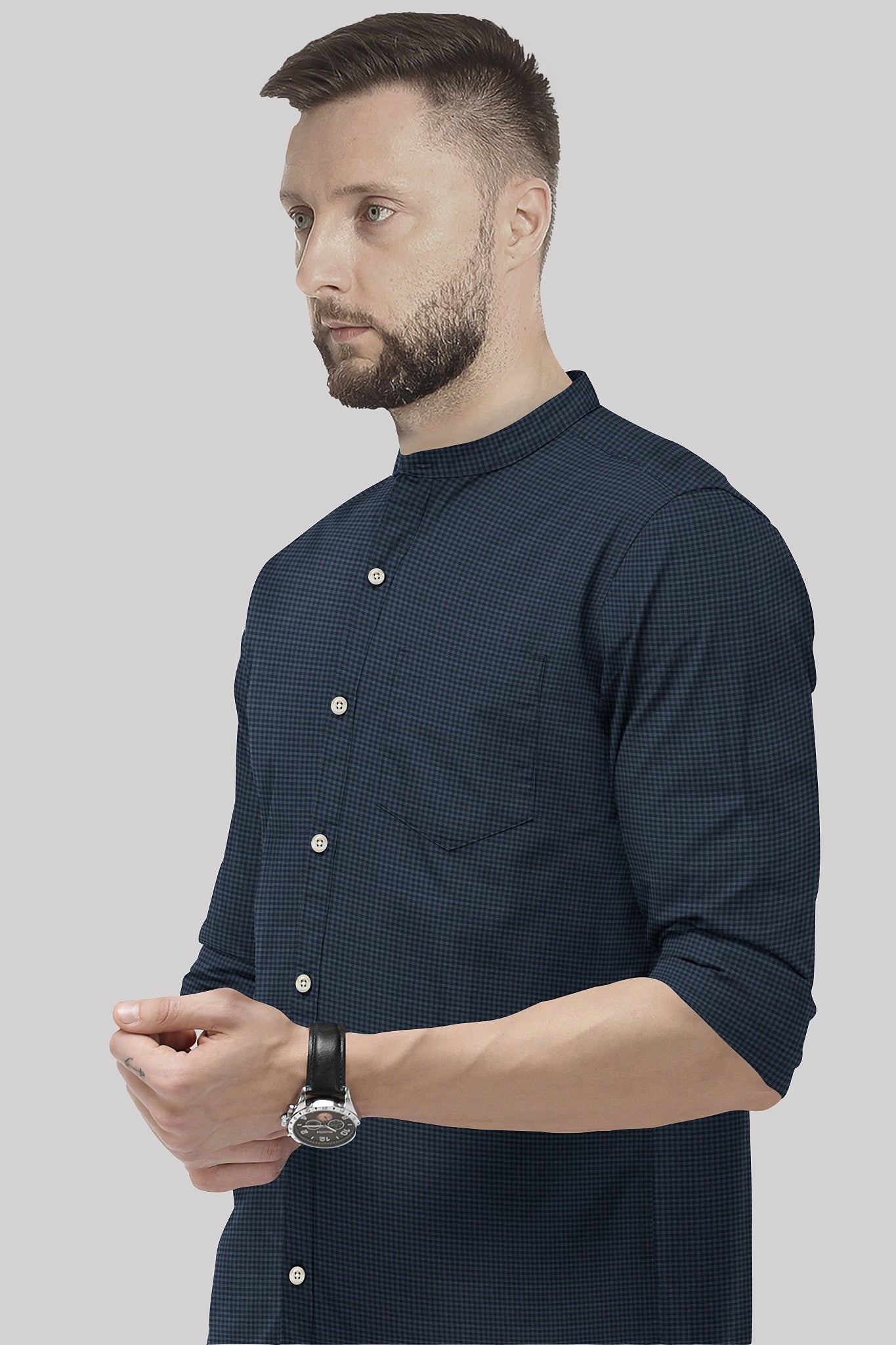 Charcoal Gray and Medieval Blue Gingham Checks Mandarin Collar Cotton Shirt