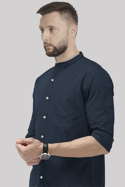 Charcoal Gray and Medieval Blue Gingham Checks Mandarin Collar Cotton Shirt