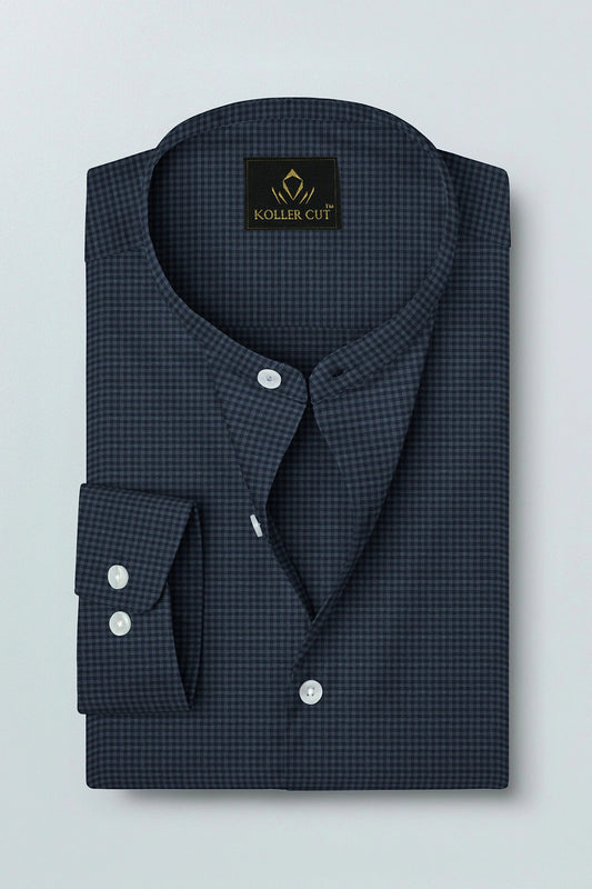 Charcoal Gray and Medieval Blue Gingham Checks Mandarin Collar Cotton Shirt