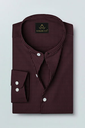 Cordovan Red and Salt White  Pinstripes Mandarin Collar Cotton Shirt