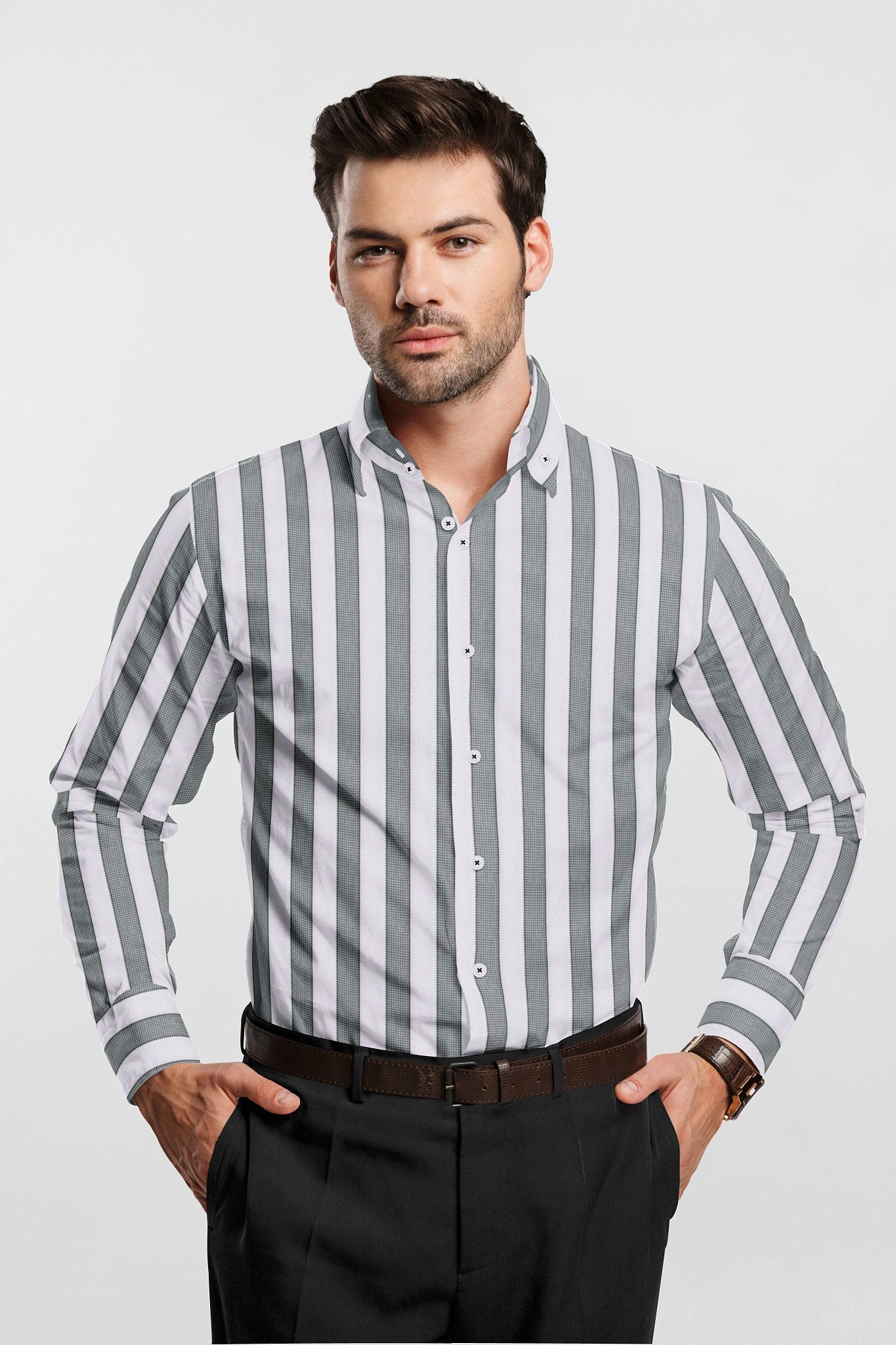Silver Grey and White stripes Cotton Shirt