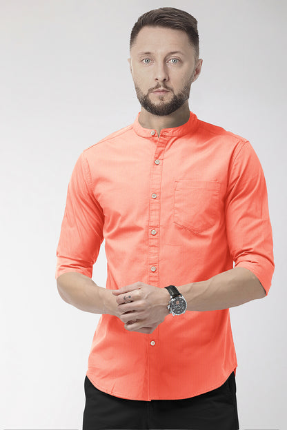 Crepe Pink Mandarin Collar  Solid Plain Men's Cotton Shirt