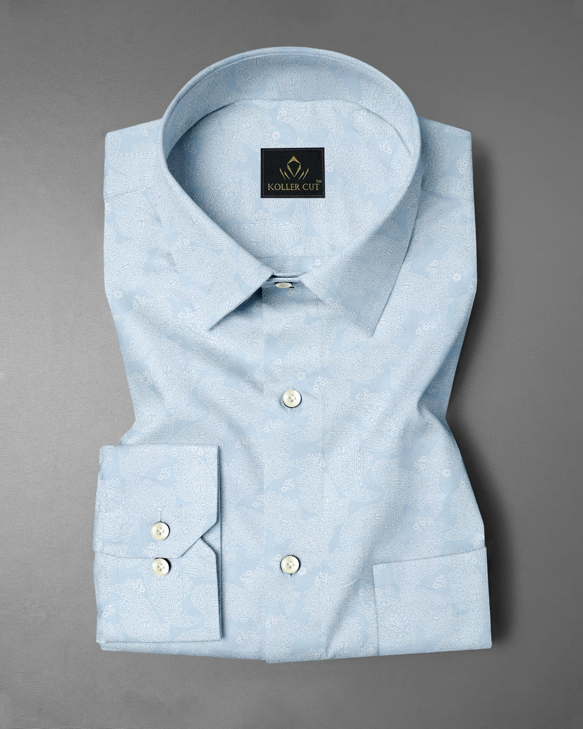 Pastel Blue And Snow White Paisley Patterned Printed Cotton Shirt