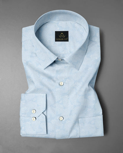 Pastel Blue And Snow White Paisley Patterned Printed Cotton Shirt