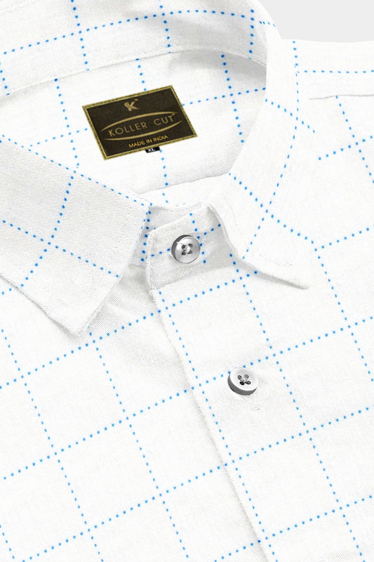 Bright White with Sapphire Blue Windowpane Men's Cotton Shirt