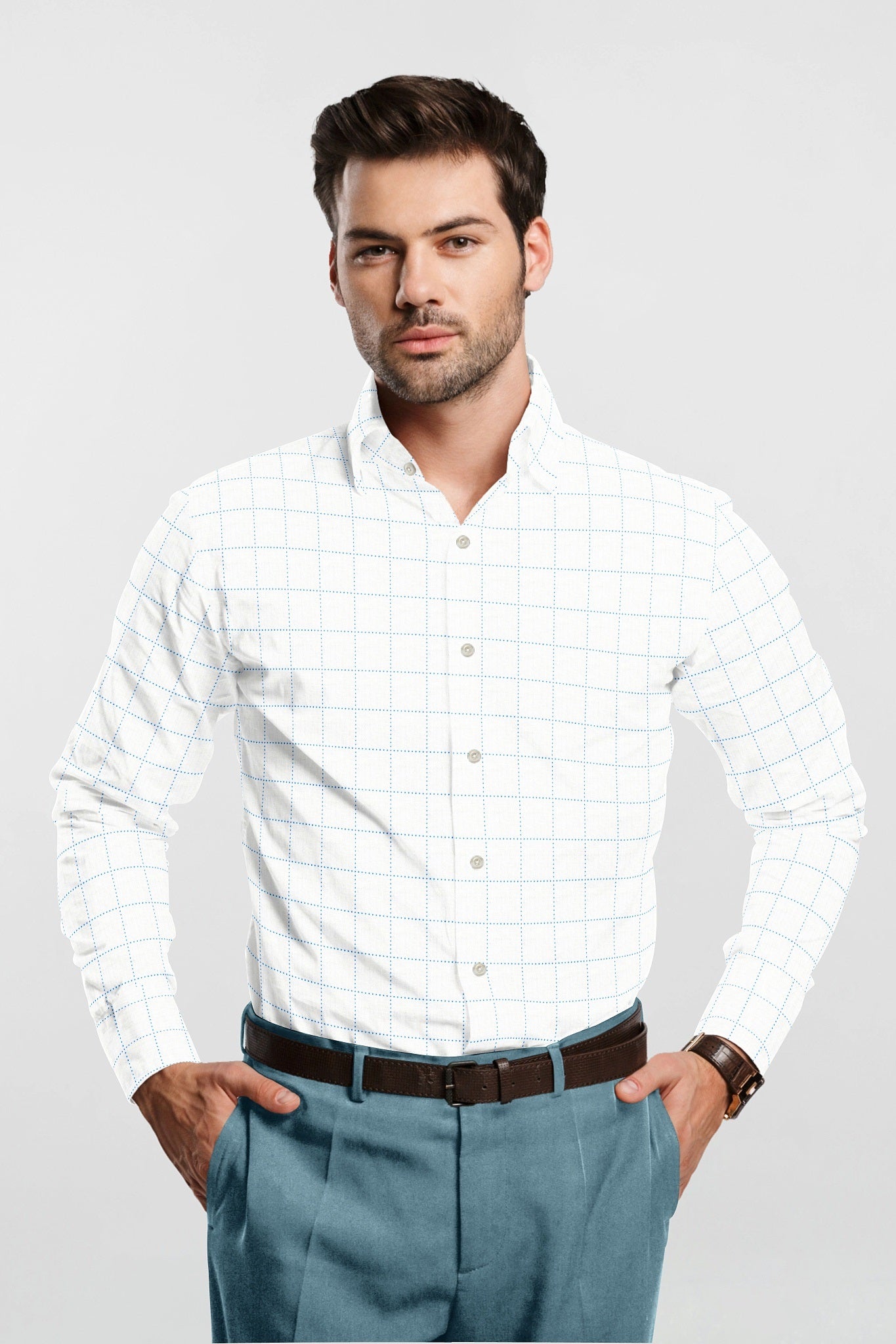 Bright White with Sapphire Blue Windowpane Men's Cotton Shirt