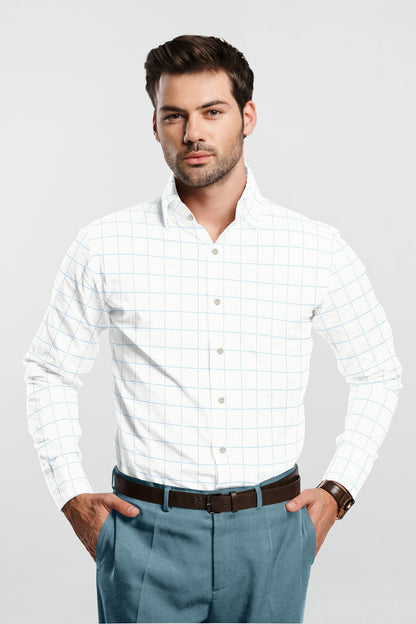 Bright White with Sapphire Blue Windowpane Men's Cotton Shirt