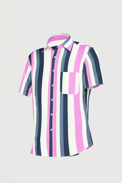 White with Taffy Pink and Slate Gray Multitrack Multi Stripes Men's Cotton Shirt