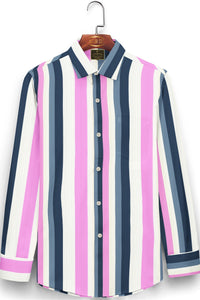 White with Taffy Pink and Slate Gray Multitrack Multi Stripes Men's Cotton Shirt