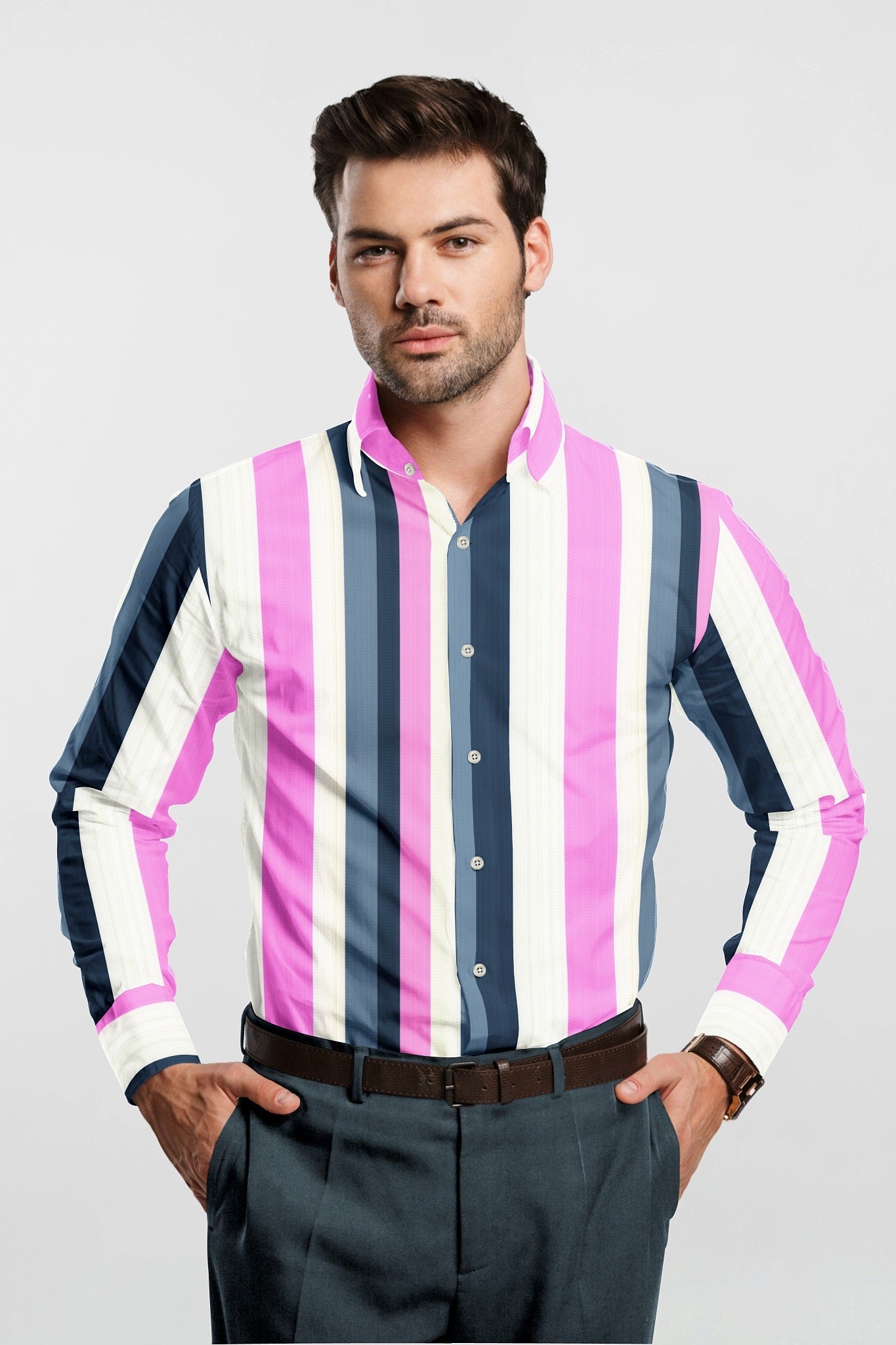 White with Taffy Pink and Slate Gray Multitrack Multi Stripes Men's Cotton Shirt