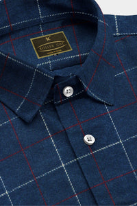 Denim Blue with White and Maroon Altered Broken Checks Men's Cotton Shirt