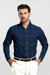 Denim Blue with White and Maroon Altered Broken Checks Men's Cotton Shirt